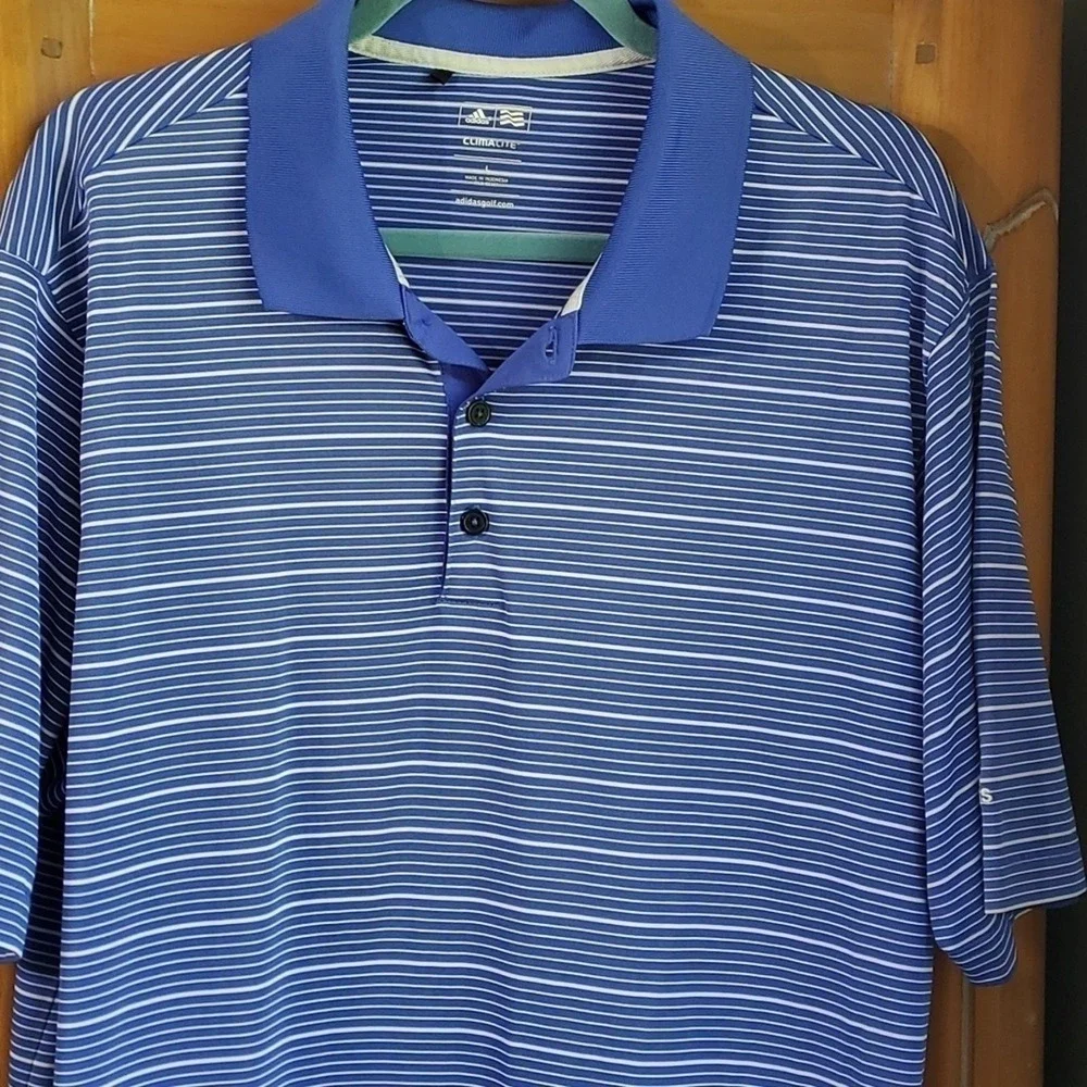 ADIDAS, Mens blue and white striped polo shirt. Size large Great used condition.